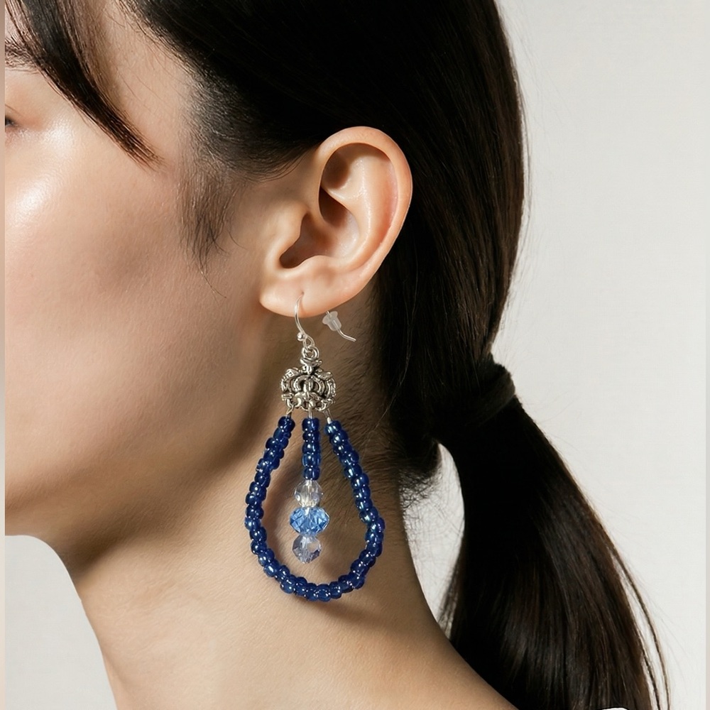 Silver-Tone Blue Beaded Drop Earrings - Picture 1 of 4
